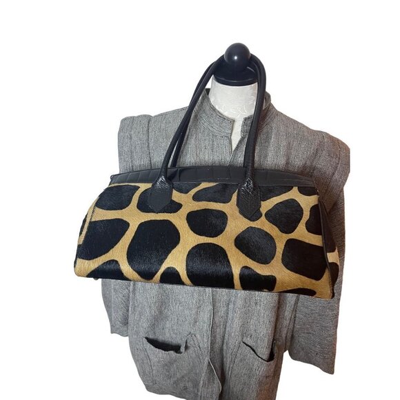 Womens Shoulder HandBag Brown Cowhide Hair Croc Embossed Leather Made In Italy - Picture 10 of 16